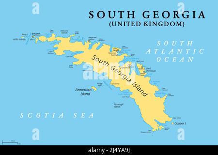 Südgeorgien, politische Landkarte. Teil des Britischen Überseeischen Territoriums von Südgeorgien und den Südlichen Sandwichinseln. Inselgruppe. Stockfoto