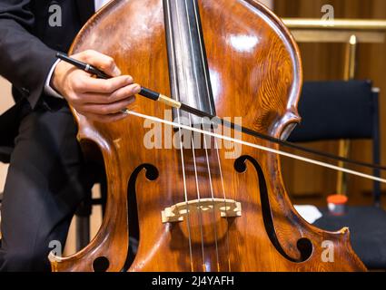 Hände eines Musikers mit Bogen, der Kontrabass im philharmonischen Orchester spielt Stockfoto