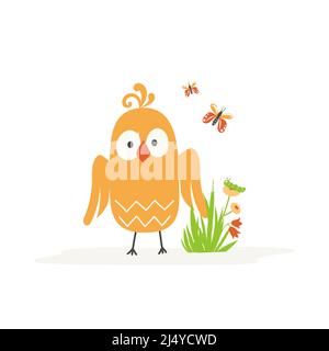 Cartoon-Vogel mit einem Grasbusch mit Blumen auf weißem Hintergrund. Vektorgrafik. Stock Vektor