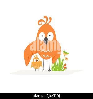 Cartoon-Vogel mit einem Küken und einem Grasbusch mit Blumen auf weißem Hintergrund. Vektorgrafik. Stock Vektor