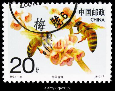 MOSKAU, RUSSLAND - 27. MÄRZ 2022: Die in China gedruckte Briefmarke zeigt zwei Bienen auf Blossom, die Honey Bee Serie, um 1993 Stockfoto