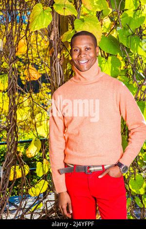 Männer Herbst Casual Fashion. In hellorangenen Pullover mit hohem Kragen, roten Hosen, trägt Armbanduhr, steht ein junger schwarzer Kerl bei grünen p Stockfoto