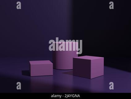 Einfache Minimal Dark Purple drei Podium- oder Standkomposition für die Produktanzeige. Geometrische Form 3D Rendering Hintergrund mit Fensterlicht von rechts Stockfoto
