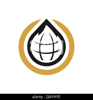 Design-Idee mit Gas- und Öl-Industrie-Logo mit Öltropfen und Flammenform. Schwarz-Gold-Logo-Konzept für das Energiegeschäft. Logo-Layout für Energieressourcen. Stock Vektor