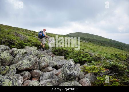 An einem bewölkten Sommertag machen sich Wanderer auf dem Bondcliff Trail in den White Mountains, New Hampshire, auf den Weg. Stockfoto