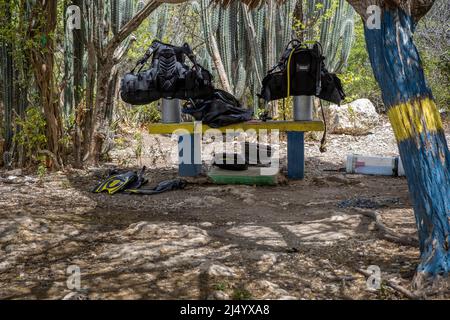 Tauchausrüstung auf einer bemalten Bank im Schatten eines Baumes an der Playa Jeremi auf der Karibikinsel Curacao Stockfoto