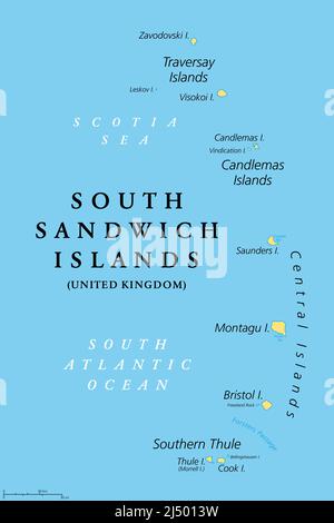 South Sandwich Islands, politische Landkarte. Teil des Britischen Überseeischen Territoriums von Südgeorgien und den Südlichen Sandwichinseln. Inselgruppe. Stockfoto