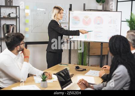 Schöne motivierte, smarte, blonde junge Geschäftsfrau, die vor ihrem konzentrierten multiethnischen Geschäftsteam Infografiken auf dem digitalen Brett vorführt, ihr zuhört und Notizen macht. Stockfoto