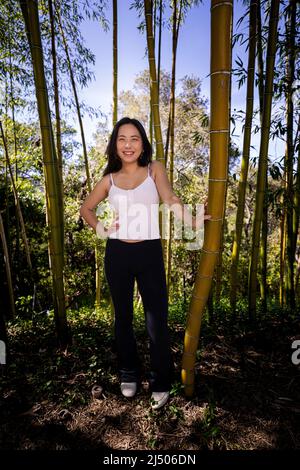 Junge asiatische Frau in legerer Springtime-Kleidung, die in einem großen Bambushain steht Stockfoto