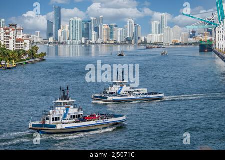 Die Fisher Island Ferries überqueren die Insel, während sie vom Deck eines Kreuzfahrtschiffs aus Miami, Florida, auf die Insel kommen und gehen. Stockfoto