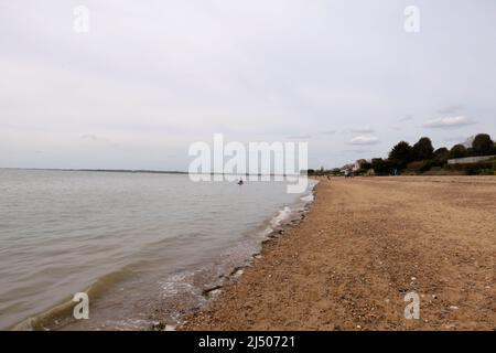 Die Bewohner von Mersea Island genossen den Strand in East Mersea am Ostermontag nach zwei Jahren der COVID-19-Beschränkungen, während West Mersea von Touristen überrannt wurde, Besucher und Bewohner die berühmte Oyster Bar besuchten, um einige der besten Meeresfrüchte zu probieren, die in Großbritannien erhältlich sind ... Stockfoto