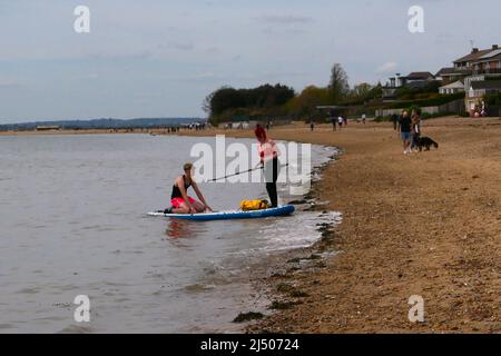 Die Bewohner von Mersea Island genossen den Strand in East Mersea am Ostermontag nach zwei Jahren der COVID-19-Beschränkungen, während West Mersea von Touristen überrannt wurde, Besucher und Bewohner die berühmte Oyster Bar besuchten, um einige der besten Meeresfrüchte zu probieren, die in Großbritannien erhältlich sind ... Stockfoto