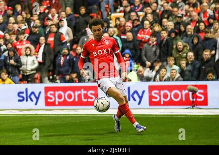Nottingham, Großbritannien. 18. April 2022. Brennan Johnson während des Spiels der EFL Sky Bet Championship zwischen Nottingham Forest und West Bromwich Albion am 18. April 2022 auf dem City Ground, Nottingham, England. Foto von Simon Hall. Nur zur redaktionellen Verwendung, Lizenz für kommerzielle Nutzung erforderlich. Keine Verwendung bei Wetten, Spielen oder Veröffentlichungen einzelner Clubs/Vereine/Spieler. Kredit: UK Sports Pics Ltd/Alamy Live Nachrichten Stockfoto