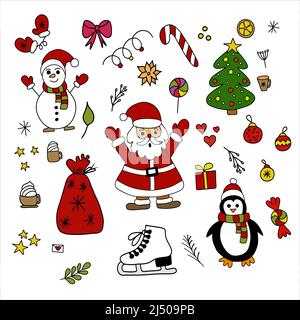 Sammlung von weihnachtsobjekten und Figuren auf weißem Hintergrund isoliert. Vektorgrafik Stock Vektor