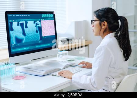 Junge hispanische Virologin mit langen dunklen Haaren studiert neue Viren, während sie am Schreibtisch vor dem Computer im Labor sitzt Stockfoto