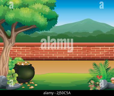 Rote Backsteinmauer Hintergrund mit Topf von Münzen Stock Vektor
