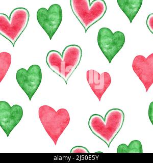 Aquarell nahtlose Hand gezeichnet Muster mit roten grünen abstrakten Formen Elemente Wassermelone Herzen, hellen Sommer Hintergrund. Minimalistisches modernes Stoffdruck-Design für textile Tapeten-Geschenkpapier, einfache organische Formen Stockfoto
