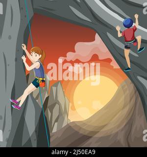 Felskletterer auf einer Klippe bei Sonnenuntergang Illustration Stock Vektor