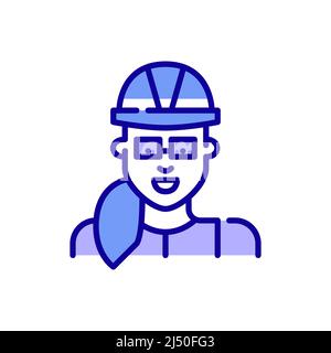 Bauingenieurin oder -Managerin. Frau mit Schutzhelm und Brille. Pixel-perfektes, bearbeitbares Symbol für Konturfarbe Stock Vektor