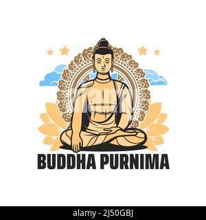 Buddha Purnima Symbol der Vektor-Buddhismus Religion Vesak, Buddha Jayanti oder Geburtstag. Statue von Buddha lord mit Lotusblume und Mandala, Wolken und Sterne isoliert Ikone der religiösen Feiertage Stock Vektor