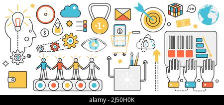 Business-Management-Technologie und Personalbeschaffung. Abstrakter Förderer mit Personalressourcen, Entscheidungsfindung, kreativer Analyse und Ideenrecherche im infografischen Konzeptbanner, Thin Line Art Design Stock Vektor