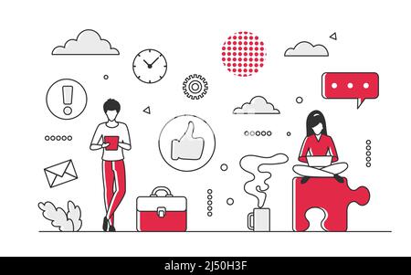 Kommunikationsprozess für den Austausch von Informationen. Informationsnetzwerk und Online-Messaging-Vektor monokolor Illustration Stock Vektor