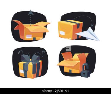 Lieferung und Post-Service Cartoon-Etiketten mit Kartons, Papier Flugzeug, Vorhängeschloss und Paket mit Bogen verpackt. Karton schließen und öffnen Pakete, Fracht, Frachtlogistik, Vektor-Illustration, Set Stock Vektor