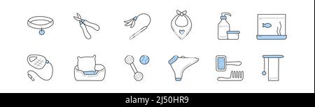 Tierhandlung Produktion Doodle Ikonen Tierkragen, Schere, Katzenspielzeug und Bandana. Fisch, Kosmetikflaschen, Leine, Matte mit Kissen, Kleidung und Kamm mit Kratzpfosten isoliert Lineare Vektor-Zeichen-Set Stock Vektor