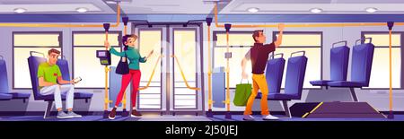 Die Leute fahren im Stadtbus. Vektor-Cartoon-Illustration des öffentlichen Verkehrs Innenraum mit Sitzen, Handläufe, Ticket-Validator, und Passagiere. Frau und Männer stehen im Autobus Stock Vektor