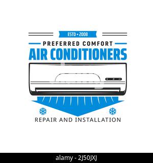 Servicesymbol für die Installation der Klimaanlage. Haus Klimatisierung, Heim Kühlung und Heizung, Lüftungssystem installieren, Reparatur und Wartung Service-Vektor-Emblem, Symbol mit Klimaanlage Split-Einheit Stock Vektor