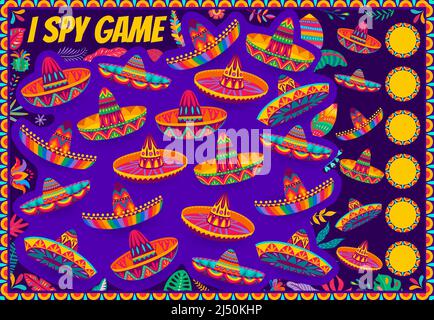 Cartoon mexikanische Sombrero Hüte. Ich spioniere Spiel. Vektor-Rätsel-Arbeitsblatt mit Mariachi-Kappen. Pädagogisches Puzzle, Entwicklung von Rechenkenntnissen und Aufmerksamkeit, Arbeitsblattseite mit traditionellen mexikanischen Hüten Stock Vektor