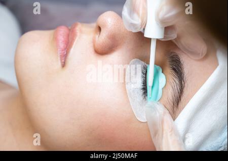 Junge Frau, die Wimpern färbt und laminiert. Stockfoto