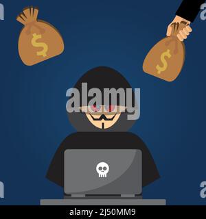 Hacker in schwarzer Kleidung vor einem Laptop und einer Hand, die einen Sack mit Dollarsymbol darauf anbietet Stock Vektor