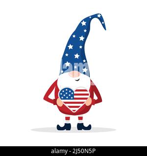 Patriotischer amerikanischer Zwerg. Niedlicher skandinavischer Zwerg mit Herz. Elf feiern den Unabhängigkeitstag in den Vereinigten Staaten. Frohes 4.. juli. Vektor Stock Vektor