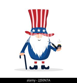Patriotischer amerikanischer Zwerg. Niedlicher skandinavischer Zwerg mit Stock. Elf feiern den Unabhängigkeitstag in den Vereinigten Staaten. Frohes 4.. juli. Vektor Stock Vektor
