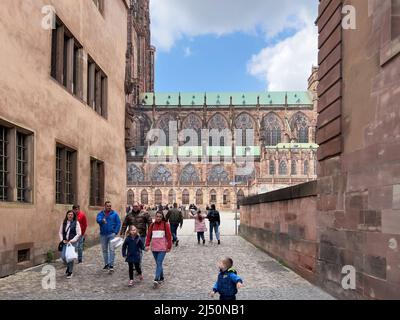 Straßburg, Frankreich - 10. Apr 2022: Gruppe von Touristen, die auf der alten Kopfsteinpflasterstraße mit der majestätische Kathedrale Notre-Dame de Strasbourg im Hintergrund spazieren gehen Stockfoto