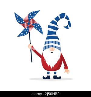 Patriotischer amerikanischer Zwerg. Skandinavischer Zwerg mit Windrad. Elf feiern den Unabhängigkeitstag in den Vereinigten Staaten. Frohes 4.. juli. Vektor Stock Vektor