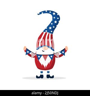 Patriotischer amerikanischer Zwerg. Niedlicher skandinavischer Zwerg mit Girlande. Elf feiern den Unabhängigkeitstag in den Vereinigten Staaten. Frohes 4.. juli. Vektor Stock Vektor