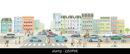 City Silhouette mit Straßenverkehr und Fußgängern auf dem Zebrastreifen, Illustration Stock Vektor