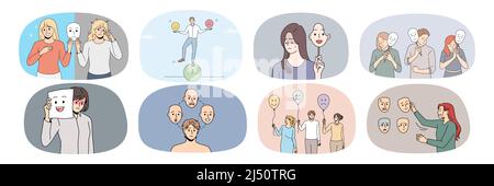 Gruppe von verschiedenen Menschen mit unterschiedlichen Emotionen haben bipolare Störung benötigen psychologische Hilfe. Sammlung von ungesunden Männern und Frauen leiden unter psychiatrischen Problemen. Vektorgrafik. Stock Vektor