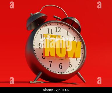 Desktop-Wecker mit Text die Zeit ist jetzt. 3D Rendering-Illustration. Stockfoto