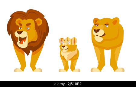 Blick auf die Familie Lion. Afrikanische Tiere im Cartoon-Stil. Stock Vektor