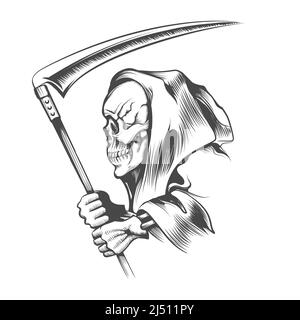 Tattoo of Skull in a Hood mit Scythe isoliert auf weißem Hintergrund. Vektorgrafik. Stock Vektor