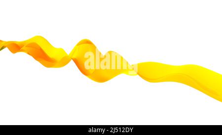 3D abstrakter, welliger, isolierter Hintergrund. Farbige gelbe Welle oder Linie im Fluss der Bewegung und Vibration auf einem leeren weißen Hintergrund. Hochwertige 3D-Illustration Stockfoto