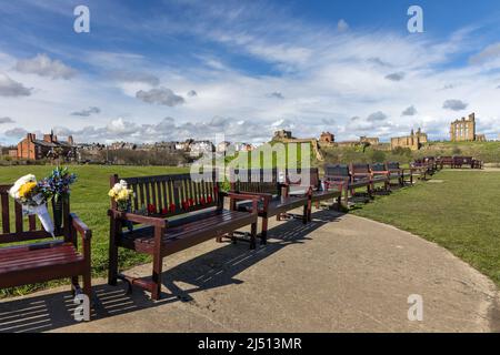 Gedenkbänke bei Spanish Battery, Tynemouth in North Tyneside, mit Tynemouth Castle und Priorat in der Ferne. Stockfoto