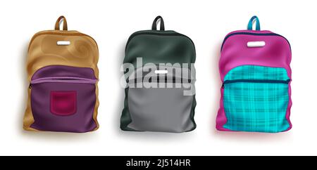 Rucksack Vektor-Set-Design. 3D Beutel Pack Grafik-Kollektion isoliert auf weißem Hintergrund mit bunten Muster Dekoration für den Rücken zur Schule. Stock Vektor