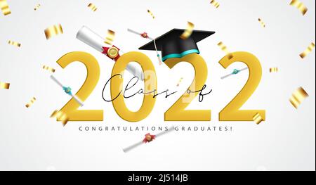 Grußformel mit Graduierung. Gratulation Klasse von 2022 Absolventen Text mit 3D Mortarboard Kappe, Diplom und elegante Konfetti-Elemente. Stock Vektor
