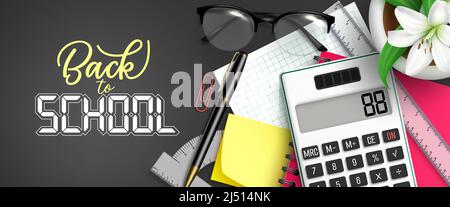 Zurück zur Schule Vektor-Design. Zurück zum Schultext mit Rechner, Brille und Kugelschreiber in Lernelementen für pädagogisches Lernen Kopierraum. Stock Vektor