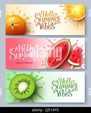 Sommer Gruß Vektor-Set-Design. Hallo Sommer Typografie Text mit Früchten in bunten Splash abstrakt für tropische Jahreszeit Botschaften Dekoration. Stock Vektor