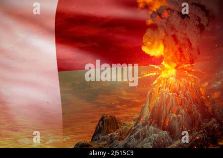 Großer Vulkanausbruch in der Nacht mit Explosion auf Madagaskar Flagge Hintergrund, Probleme wegen der Katastrophe und Vulkanasche konzeptionelle 3D Illustration o Stockfoto